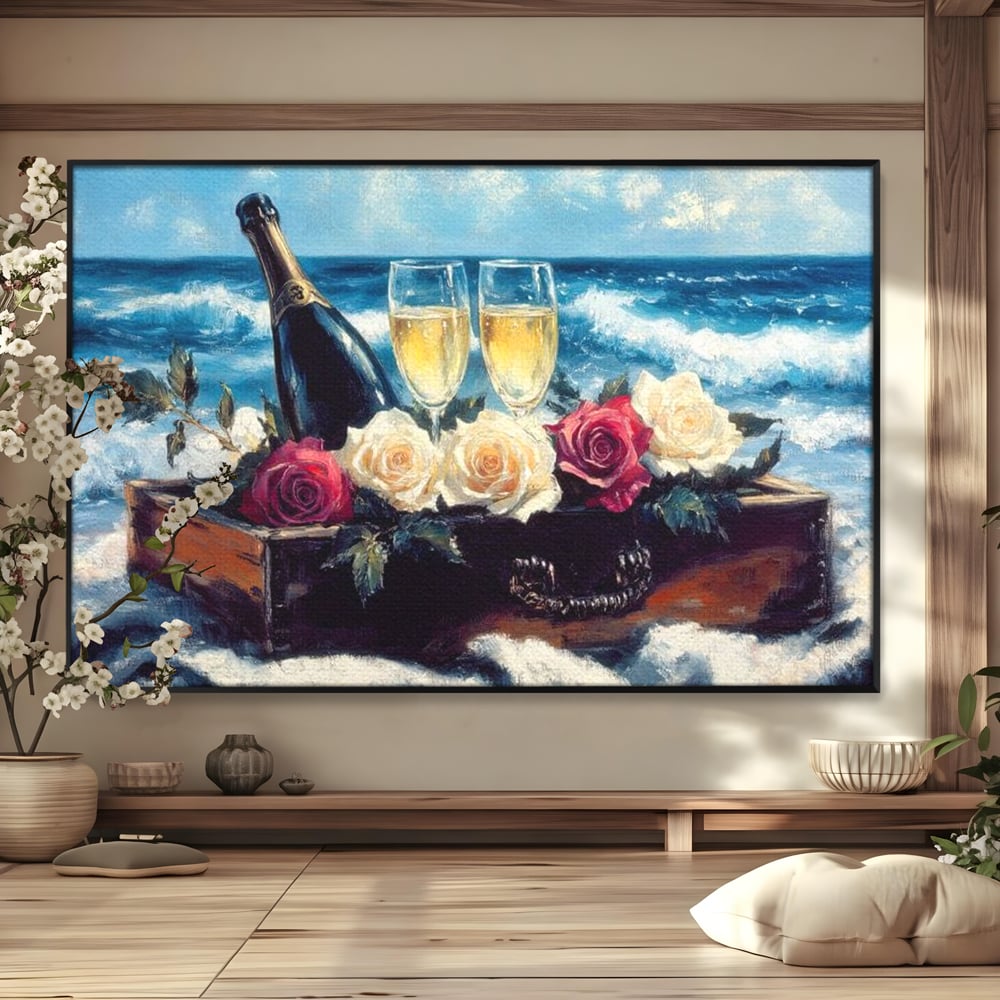 Tablou canvas cu pictura cu sampanie si trandafiri pe malul marii, in rama de aluminiu negru